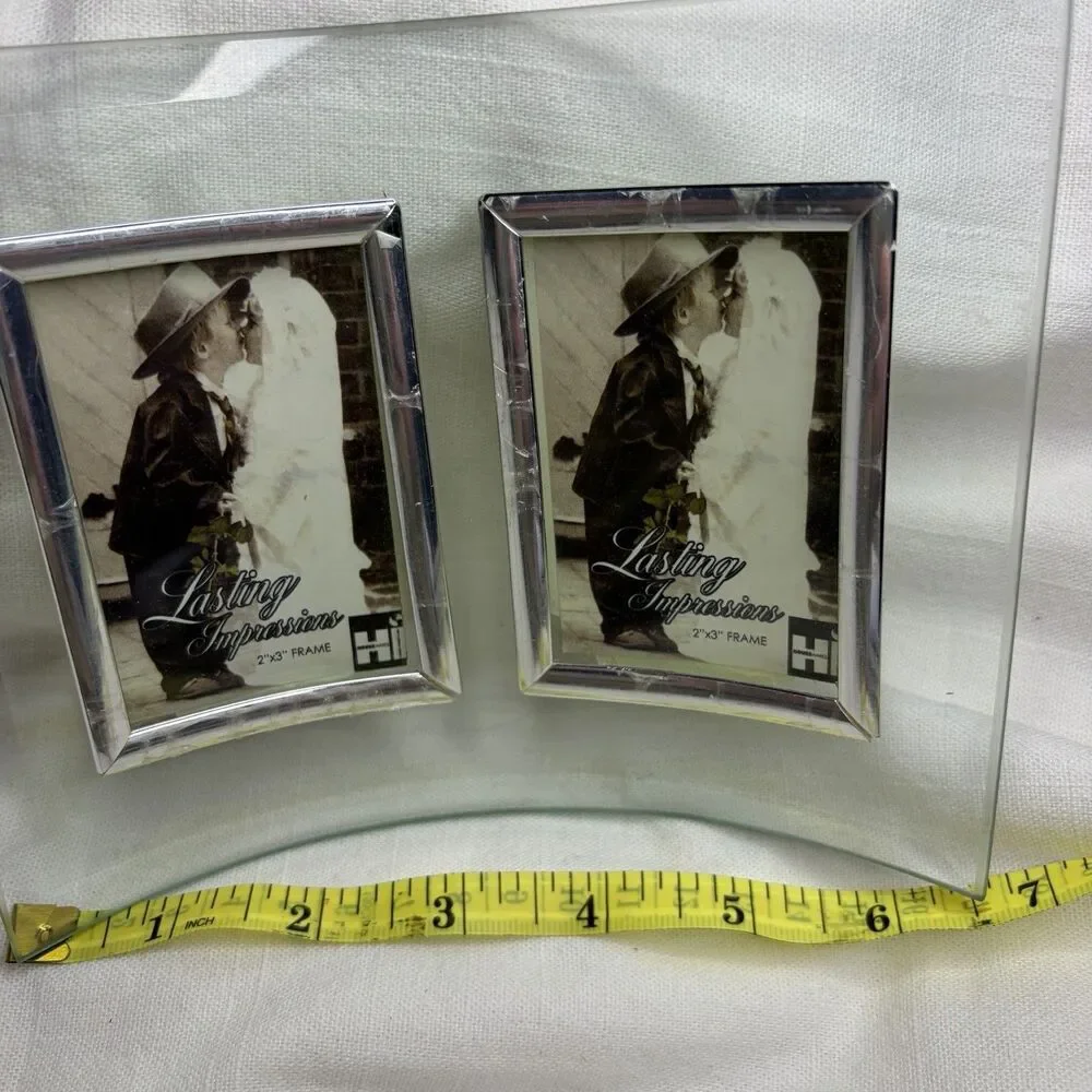 Curved 5.5” X 6.5” Clear Glass With Silver Frame Holds Double 2”x3” Photos